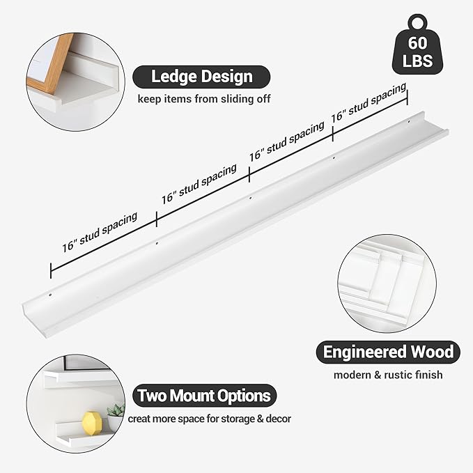 Axeman 72 Inch Floating Shelves | White Picture Ledge Shelf Set of 3 | Rustic Wood Wall Shelves with Lip | 72