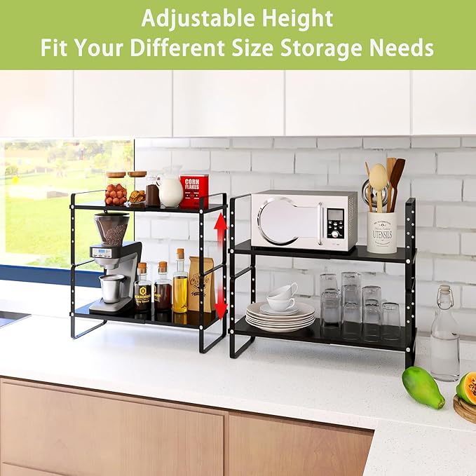 Expandable Cabinet Shelf Organizer Rack, Stackable Kitchen Counter Storage Shelves Stand, Adjustable Height Pantry Shelf Spice Rack