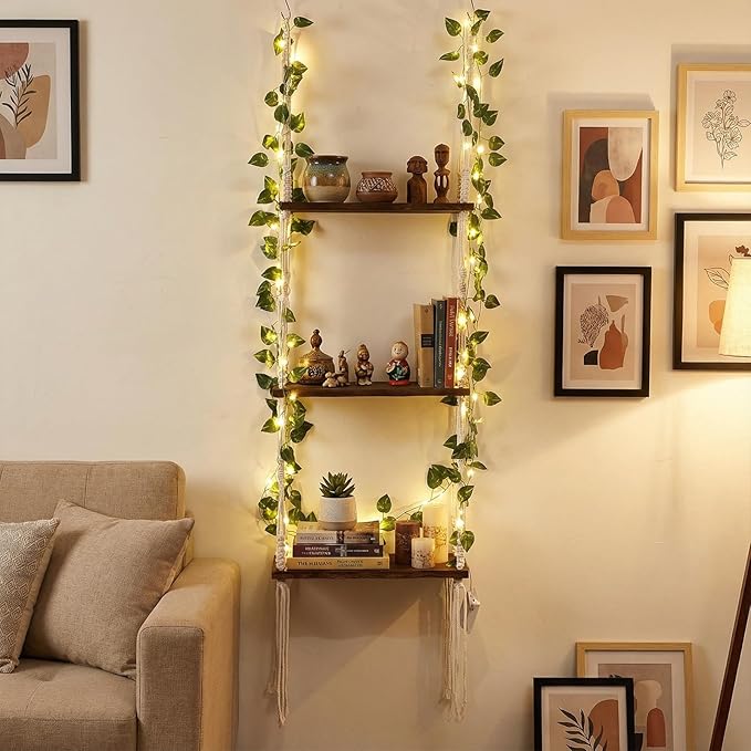 Novabright 3-Tier Boho Wall Hanging Shelves with LED Lights and Green Leaves, Irregular Edge, Floating Wall Shelf for Bedroom Art, Wooden Hanging Floating Storage Shelves Room Decor
