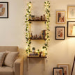 Novabright 3-Tier Boho Wall Hanging Shelves with LED Lights and Green Leaves, Irregular Edge, Floating Wall Shelf for Bedroom Art, Wooden Hanging Floating Storage Shelves Room Decor