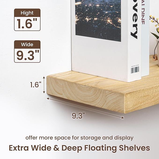 fuqing 30 Inch Floating Shelves | Natural Wood Floating Shelves Set of 2 | 30" W x 9.3" D x 1.6" H Natural Wooden Shelves for Room Storage and Decor
