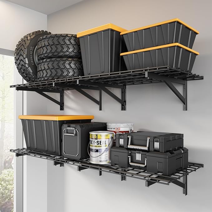 4 Pack Heavy Duty Garage Wall Shelving Set (2x3ft), Wall Mounted Garage Shelves 1400lbs Capacity, 24