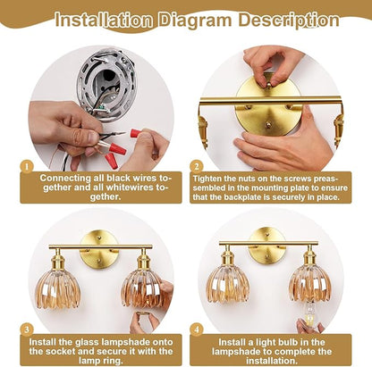 Vintage Bathroom Light Fixtures,2-Light Hardwired Vanity Lights with Amber Tulip Glass Shade,Gold Bathroom Vanity Light for Mirror Restroom,E26 Socket,14.57 in(Bulbs Not Included)