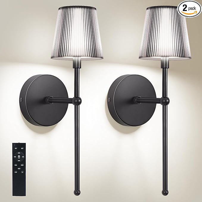 Battery Operated Wall Sconces Set of 2, Wireless Wall Sconce with Remote Dimmable Timer, Rechargeable 5200mAh, Cordless Wall Light for Bedroom Living Room, Hallway, Light Decor