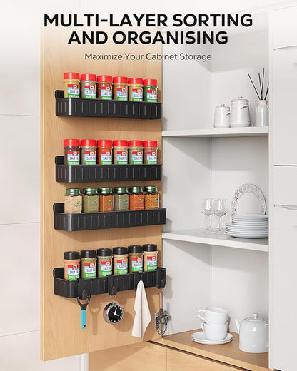 Nieifi Spice Rack Wall Mount, 4 Pack, Black, Screw or Adhesive Installation, Spice Rack Organizer for Your Kitchen Cabinet or Pantry Door