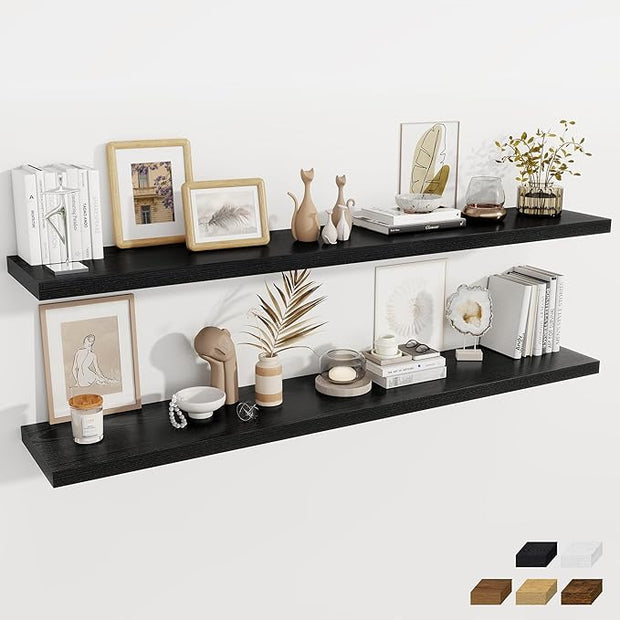 Fun Memories Black Deep Floating Shelves, 72 x 12 Inch Long Wall Shelves, Large Display Shelf & Storage Shelf, Wood Floating Wall Shelves for Fireplace Mantel, Living Room, Home Office - Set of 2