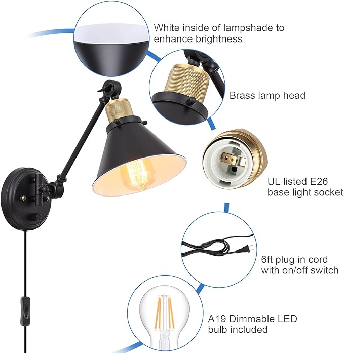 TRLIFE Wall Sconce Plug in, Dimmable Wall Sconces Swing Arm Wall Lights with Plug in Cord, Wall Mounted Light with Dimmer On/Off Knob Switch, UL Listed(2 Pack, 2 Bulbs Included)