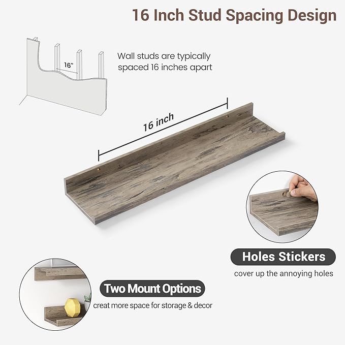 Axeman Picture Ledge Shelf | 24 Inch Grey Floating Shelves Set of 3 | Rustic Grey Wall Shelves with Lip | 24