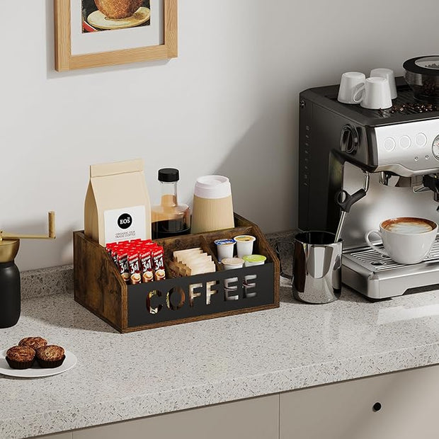 YINMIT Coffee Station Organizer for Countertop, Wood Coffee Bar Organizer with Removable Dividers for Pods, Syrup, Cups, Stirrer, Tea - Office Bar Accessories, Iron Sheet-Vintage Brown