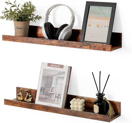 Muzilife 24" Small Floating Wall Ledge Shelves with Lip - Set of 2 Wood Floating Shelves - Honey Brown Wall Mounted Picture Ledge for Office, Bathroom, Bedroom, Living Room, Kitchen