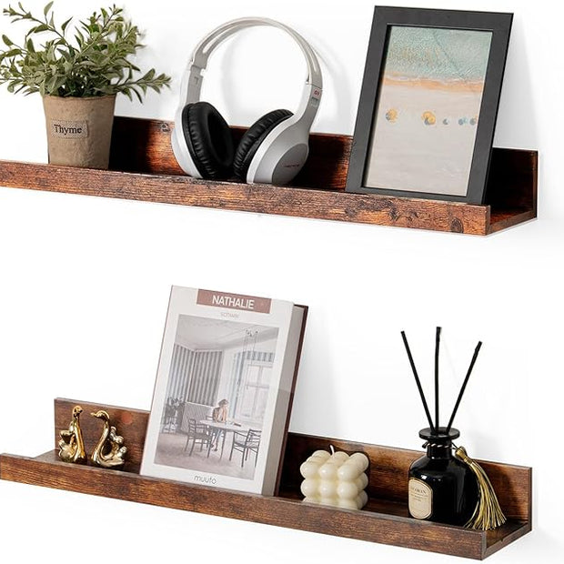 Muzilife 24" Small Floating Wall Ledge Shelves with Lip - Set of 2 Wood Floating Shelves - Honey Brown Wall Mounted Picture Ledge for Office, Bathroom, Bedroom, Living Room, Kitchen