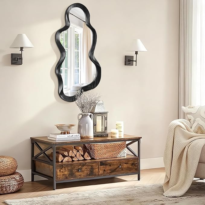 Asymmetrical Mirror Irregular Wall Mirror Modern Wood Frame Unique Mirrors Cute and Stylish Cloud Wavy Mirrors Decorative for Cloakroom Bedroom Living Room Bathroom Entryway 30