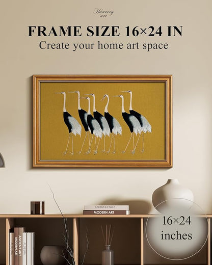 HUARCEY Gold Framed Vintage Wall Art for Living Room, Animals Painting Prints Shelf Decor for Kitchen, Aesthetic Bedroom Wall Art Decor, Christmas Gifts for Friends or Family (Seven Cranes 16"x24")