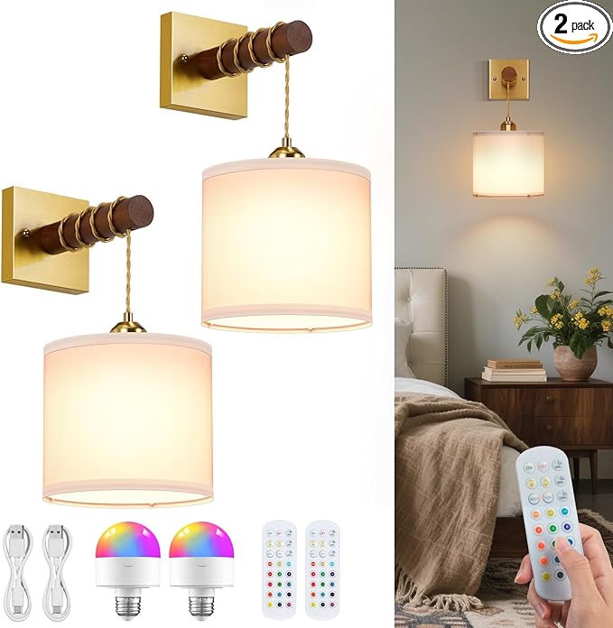 Rechargeable Battery Operated Wall Sconce Set of Two, 8000mAh Wireless Wall Sconces with RGB 15 Colors & Remote Control, Dimmable Wall Lamps for Living Room Bedroom, Gold