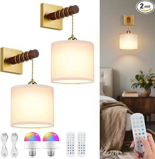 Rechargeable Battery Operated Wall Sconce Set of Two, 8000mAh Wireless Wall Sconces with RGB 15 Colors & Remote Control, Dimmable Wall Lamps for Living Room Bedroom, Gold