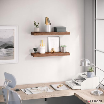 Ballucci Floating Shelves for Wall, 24" Wood Wall Shelf Set of 2, with Invisible Brackets for Bathroom, Living Room, Bedroom, Kitchen, Nursery, 8" Deep, Rustic Brown