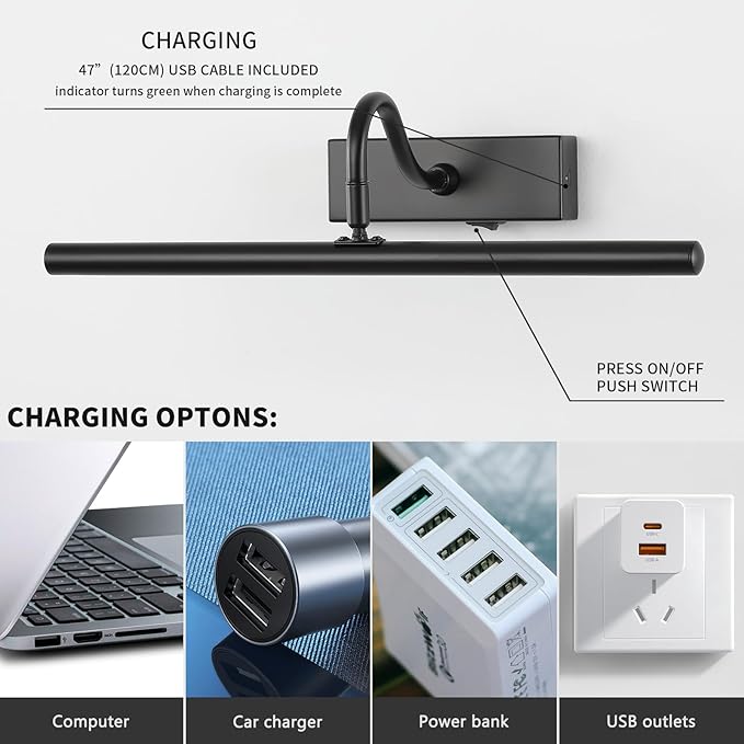 Dimmable Cordless Picture Light with Controller and Timer, Rechargeable 5000mAh Battery Wall Sconce for Wall Pictures, 16in Wall Light for Gallery Artwork, Paintings, Portraits -Black