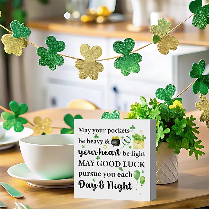 St Patricks Day Decor Irish Blessing Decorations Rustic Shamrock Wood Sign Home Tabletop Shelf Desk Decor May Your Pockets Be Heavy St Patrick's Day Decorations 5 X 5 Inches