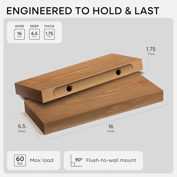 Homeforia 16 inch Golden Oak Floating Shelf, High End Solid Real Wood 16inch Small Floating Shelves for Wall Mounted, Oak Wooden 16in Floating Shelves, Heavy Duty Bracket, 16 X 6.5 X 1.75 in, Set of 2