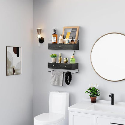 Floating Shelves - Wall Mounted Bathroom Shelf Set of 2 with Drawers, Rustic Wood Shelves for Bedroom, Living Room, Kitchen, Home Decor, Plants, Books (Black)