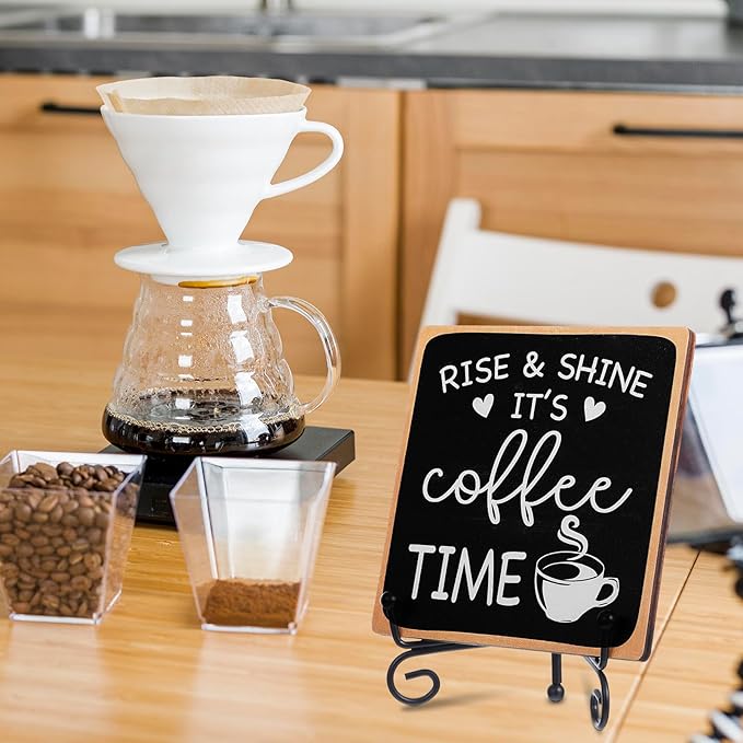 Coffee Bar Sign Decor 4"X 4" Rise & Shine It's Coffee Time Wooden Plaque for Home Kitchen Bar Tabletop Rustic Farmhouse Wood Cafe Signs with Stand for Cafe Corner Shelf Table Decorations