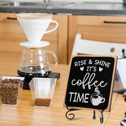 Coffee Bar Sign Decor 4"X 4" Rise & Shine It's Coffee Time Wooden Plaque for Home Kitchen Bar Tabletop Rustic Farmhouse Wood Cafe Signs with Stand for Cafe Corner Shelf Table Decorations