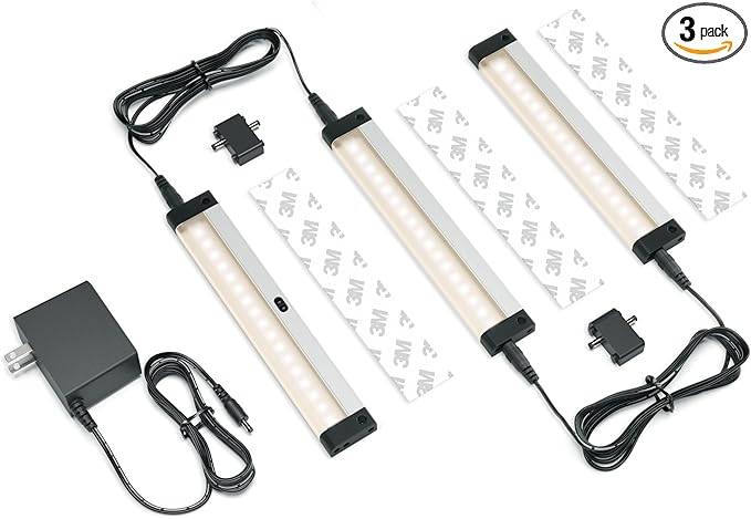 EShine Hand Wave Activated Under Cabinet LED Lighting Kit, Dimmable, 3-Pack 7 in - Touchless Dimming Control, Black Under Counter Lights for Kitchen, Garage, Office, Shelf - Warm White (3000K)