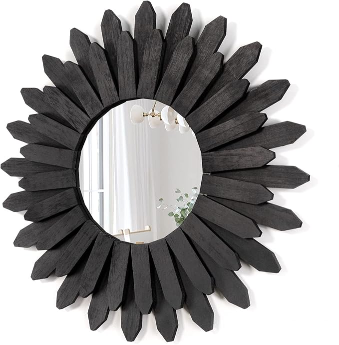 Honiway 21 inch Black Wall Decor Vintage Mirror, Boho Style, Wooden Frame, Easy to Hang, Ideal Gift