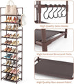 10 Tiers Tall Shoe Rack 20-25 Pairs Boots Organizer Storage Sturdy Narrow Shoe Shelf for Entryway, Closets with Hooks, Brown