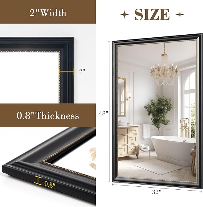 Axeman 32x48 Rectangular Wall Mirror, Decorative Bathroom Mirror, Traditional Vintage Wall Mounted Mirror with Beaded Frame for Accent Living Room Vanity Bedroom Entryway, Black