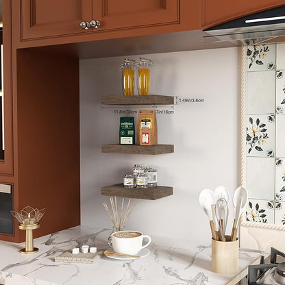 Floating Shelves for Wall, Bathroom Shelves Over Toilet, Wall Shelves & Book Shelf for Room, Hanging Shelf, Wooden Wall-Mounted Small Floating Shelves, 12 x 7 x 1.5 in (Smoke Gray, Set of 3)