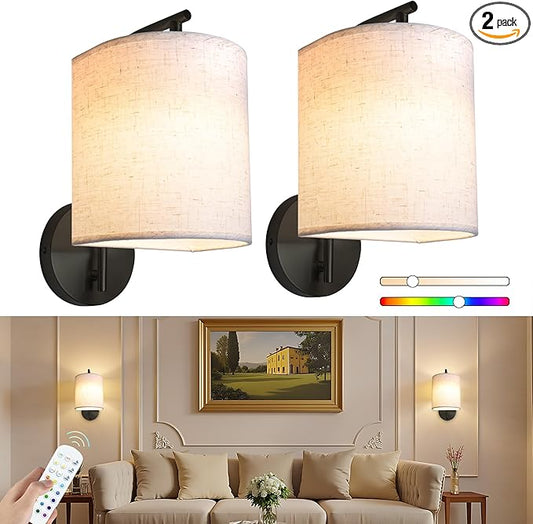 Rechargeable Battery Operated Wall Sconces Set of 2, Wireless Wall Lights with Remote Control 12 RGB Colors Magnetic Bulbs 5200mAh Battery Wireless Sconces for Bedroom Living Room (Black)