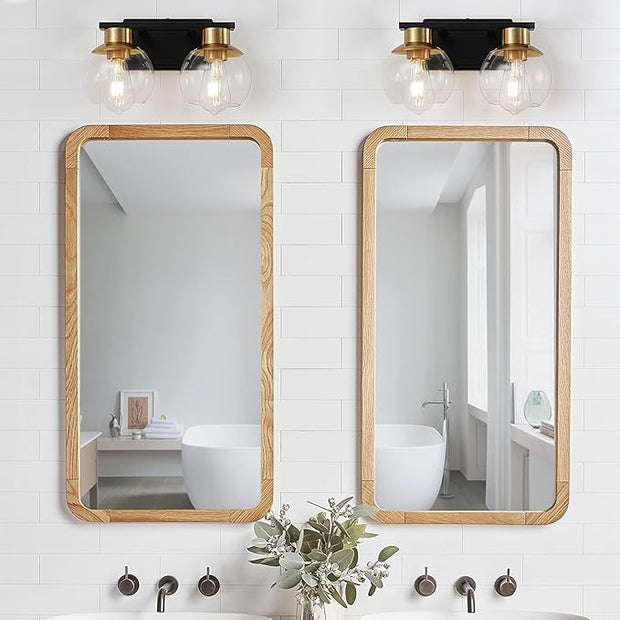 PAZALA 2 Light Vanity Lights, Black Gold Bathroom Wall Sconce Light with Globe Glass Shade, Bathroom Light Fixture Over Mirror for Bedroom, Living Room, Hallway (E26 Base)