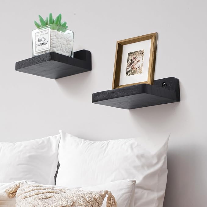 Small Floating Shelf, 4x4 Inch Display Ledges for Wall,Mini Shelves,Rustic Wood Shelf for Bedroom Living Room Bathroom Kitchen (8, Black)