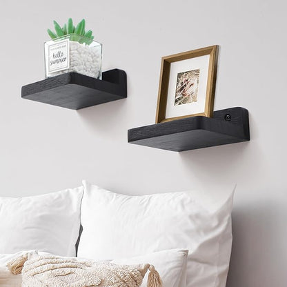 Small Floating Shelf, 4x4 Inch Display Ledges for Wall,Mini Shelves,Rustic Wood Shelf for Bedroom Living Room Bathroom Kitchen (8, Black)