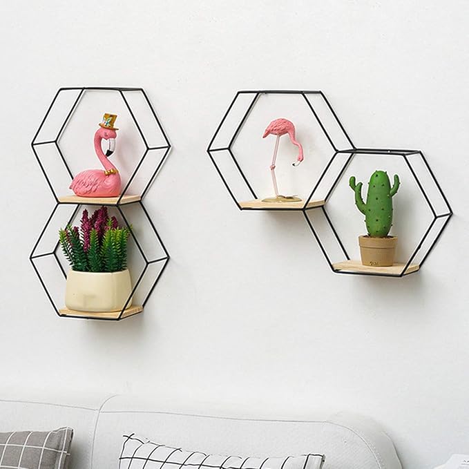 Hexagon Floating Wood Book Shelves, Iron Storage Holder Wall-Mounted Multifunctional Nordic Style Geometric Firm Hexagonal Shelf for Home Bedroom Bathroom Black S1