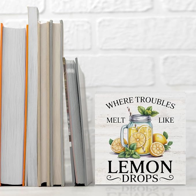 Lemon Themed Gifts Wood Box Sign - Where Troubles Melt Like Lemon Drops, Lemon Rustic Woods Table Decorative Signs for Office Home Lemonade Bar Tabletop Shelf Decoration, Motivational Gifts for Women