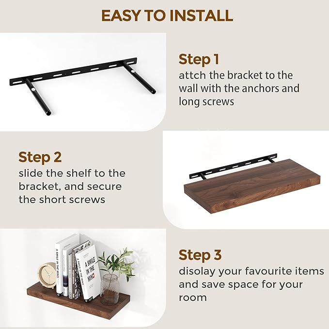 Fun Memories 16 Inch Long Floating Shelves, 9.3 Inch Deep Floating Shelf for Wall, Living Room, Kitchen, Rustic Deep Wood Shelves for Bathroom, 2 Pack Storage Display Shelf for Books, Decor, Walnut