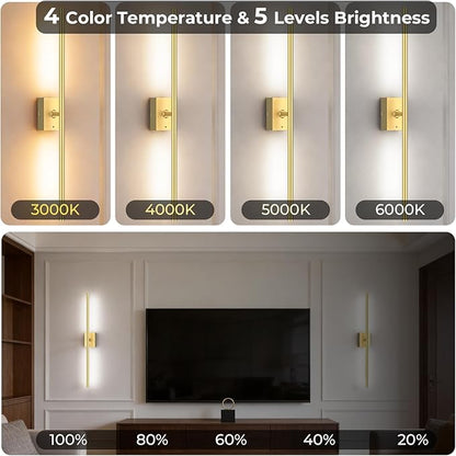 Battery Operated Wall Sconce Set of Two - 10000mAh Cordless Rechargeable Wall Sconces with Remote & Touch Control, 360°Rotate, 4CCT Dimmable Gold Wall Lights for Bedroom Living Room, 31.5 inch