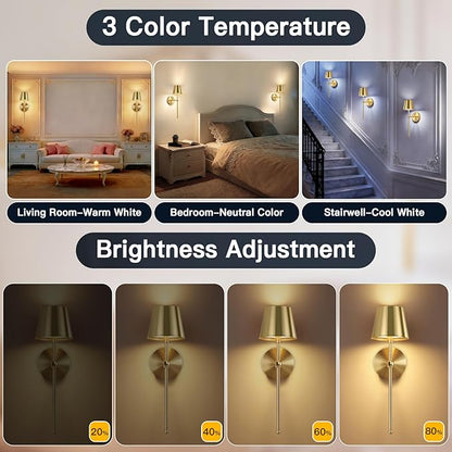 Battery Operated Wall Sconces Set of 2, Wireless Wall Sconce with Remote Dimmable Timer, Rechargeable 5200mAh, Cordless Gold Wall Light for Bedroom Living Room, Hallway, Light Decor