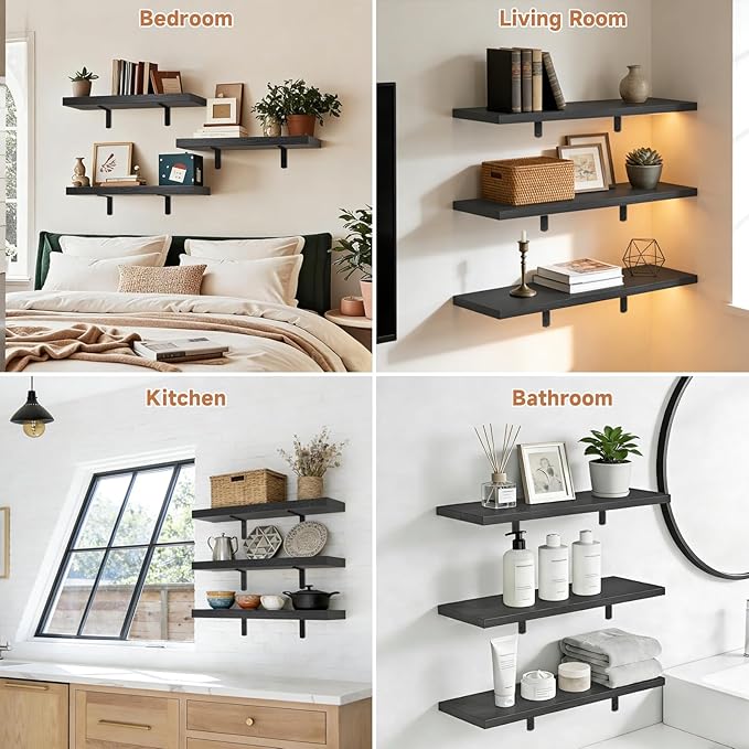 LifetimeWarranty Wall Shelves With Brackets,NOT Floating Easy Install 15.7Inch Solid Wood Shelf 3PCS,Ledge Storage Shelf for Bathroom Living Room Bedroom Kitchen,Wall Organizer for Book Home Decor
