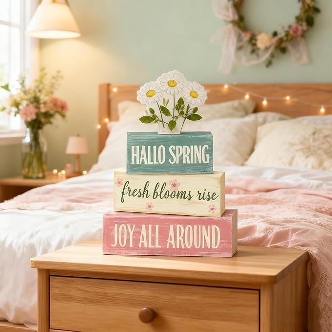 Spring Decoration Wooden Tiered Tray Decor – Rustic Hallo Spring Stacked Block Sign with Daisy Flower Topper – Farmhouse Tabletop Spring Decor for Living Room Shelf Kitchen Coffee Bar Seasonal Home Display