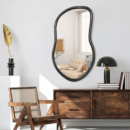 Wood Frame Asymmetrical Irregular Wall Mirror Large Bathroom Mirror for Over Sink Rustic Black Wall Mounted Mirror for Living Room Bedroom Entryway Hallway