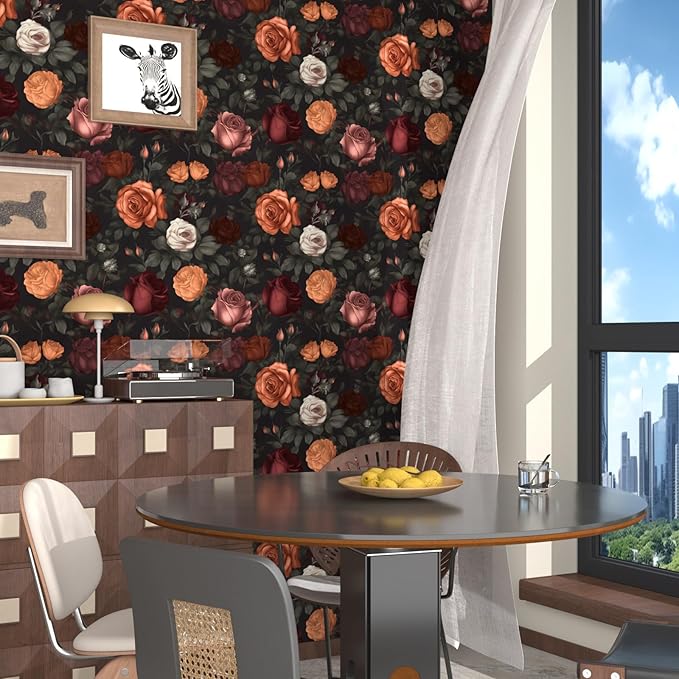 Dark Floral Peel and Stick Wallpaper Vintage Orange/Red Floral Contact Paper 17.5