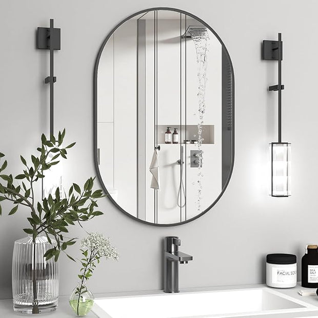 Oval Bathroom Mirror Capsule Wall Vanity Mirror, 24"x36" Pill Mirrors Wall Mounted Mirror, Large Modern Mirror with Black Metal Frame, Decor for Entryway, Bedroom, Living Room
