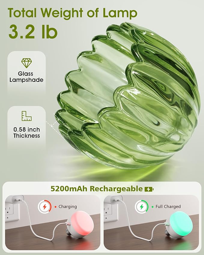 VOLISUN Vintage Battery Operated Wall Sconce,with Green Tulip Glass Lampshade, Wireless Wall Sconce, Rechargeable Battery Powered Wall Light, Sconce Wall Decor for Bedroom Living Room