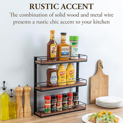 MyGift 3 Tier Wall Mounted Spice Rack, Black Metal and Burnt Solid Wood Kitchen Hanging Seasoning Shaker Spice Jar Condiment Bottle Shelf Pantry Organizer