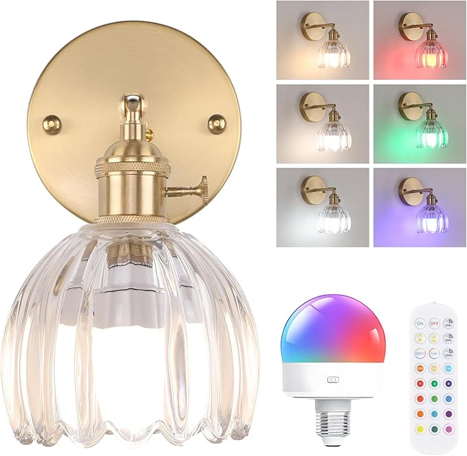 Vintage Battery Operated Wall Sconce with Transparent Tulip Glass Lampshade Rechargeable Battery Powered Wall Light with Remote Control for Bedside Bedroom Doorway