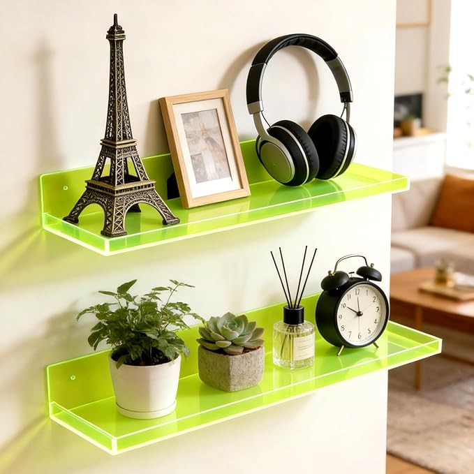 Floating Shelves for Wall Acrylic Wall Shelves for Bedroom Bathroom Living Room Kitchen 16.5X5.5'', Pack of 2, Neon Green