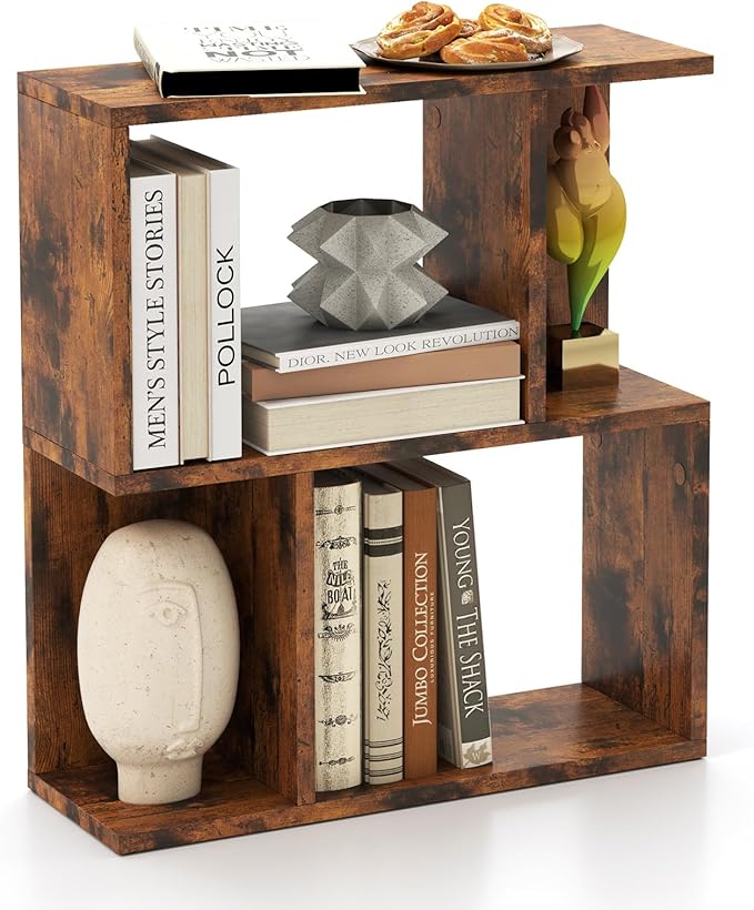 Tangkula 3 Tier Geometric Bookshelf, S Shaped Open Bookcase with Storage, Home Office Decor, Freestanding Wood Display Shelf for Living Room Study, Small Bookshelf for Small Spaces (1, Rustic Brown)